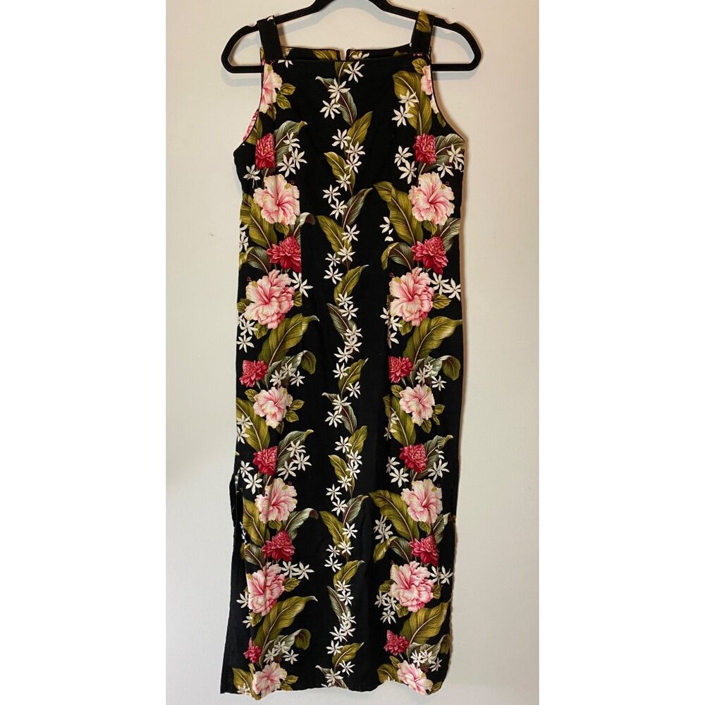 Young Hawaii Floral Sleeveless Midi Dress Black Pink & White Flowers Large